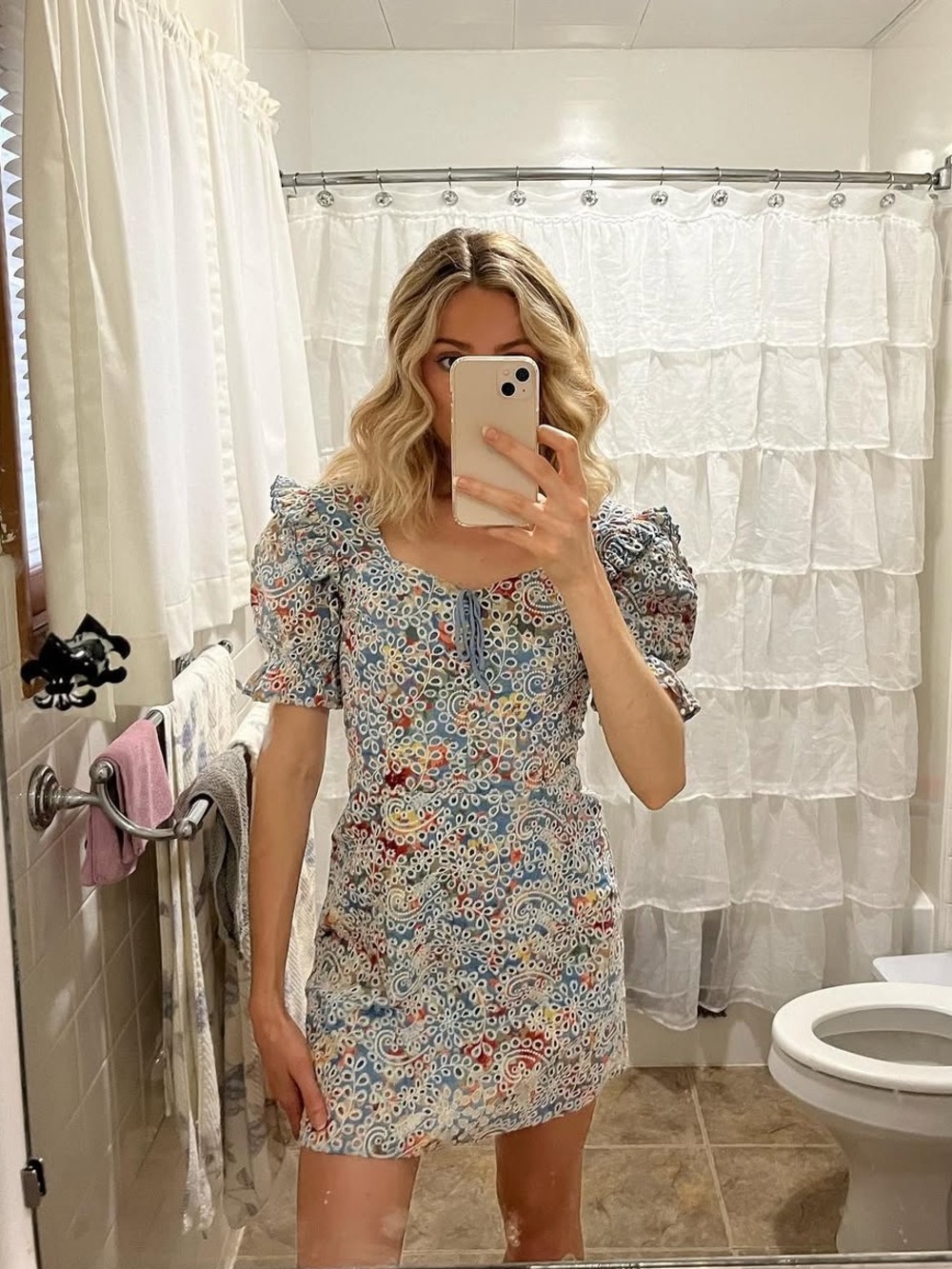 Adelyn Rae Eyelet Lace Puff Sleeve Mini Dress